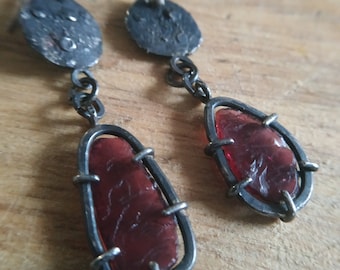 Dangle garnet earrings Silver and garnet earrings Recycled silver earrings Rustic earrings