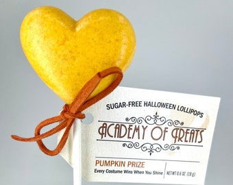 SUGAR FREE HALLOWEEN lollipop. Pumpkin Prize: Every Costume Wins When You Shine. Delicious, healthy gift. All-natural trick or treat candy