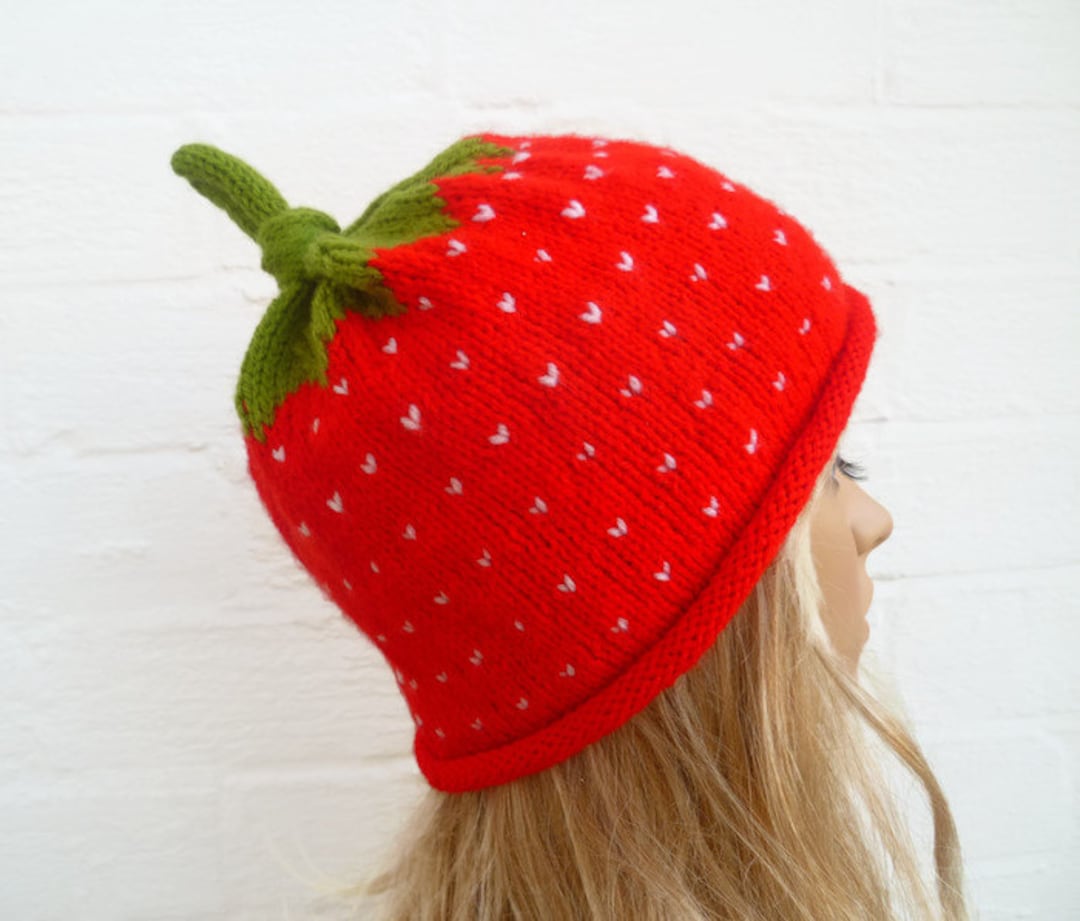 Hand Knit Strawberry Fruit Beanie Hat, Hand Knit Hat, Strawberry Beanie