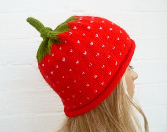 Hand Knit Strawberry Fruit Beanie Hat 