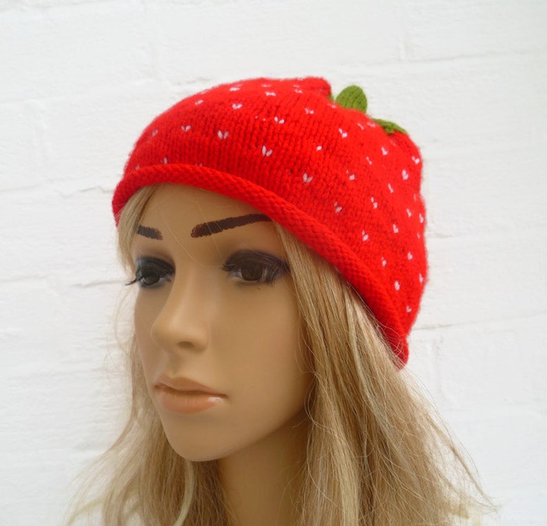 Hand Knit Strawberry Fruit Beanie Hat Hand Knit Hat Etsy