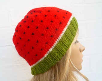 Watermelon Beanie Hat - Hand Knitted Hat, Women Men Water Melon Beanie, Fruit Knit Beanie Hat, Kawaii Knitted Hat - ClickClackKnits