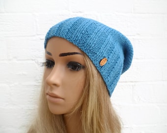 Blue Wool Alpaca Slouchy Beanie, Women Hand Knit Wool Alpaca Hat, Slouchy Beanie Hat, Eco Friendly Wool Alpaca Hat, ClickClackKnits