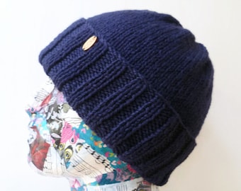 Men Navy Blue Wool Aran Alpaca Watchman Cap, Hand Knit Wool Beanie, Navy Blue Wool Alpaca Beanie Hat, Eco Friendly Beanie, ClickClackKnits