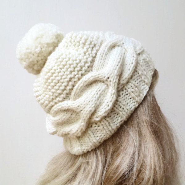 Merino Wool Pom Pom Hat - Women Knit Hat - Chunky Cream Merino Cream Cabled Bobble Hat - Merino Wool Braided Pom Pom Hat - Clickclackknits