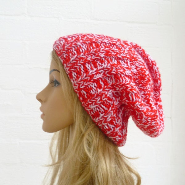 Hand Knit Hat, Slouch Beanie Hat, Red White Womens Hat, Accessories, Acrylic - Clickclackknits