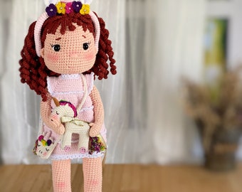 Crochet sweetie doll with pink dress and unicorn accessories, ready to ship, free shipping