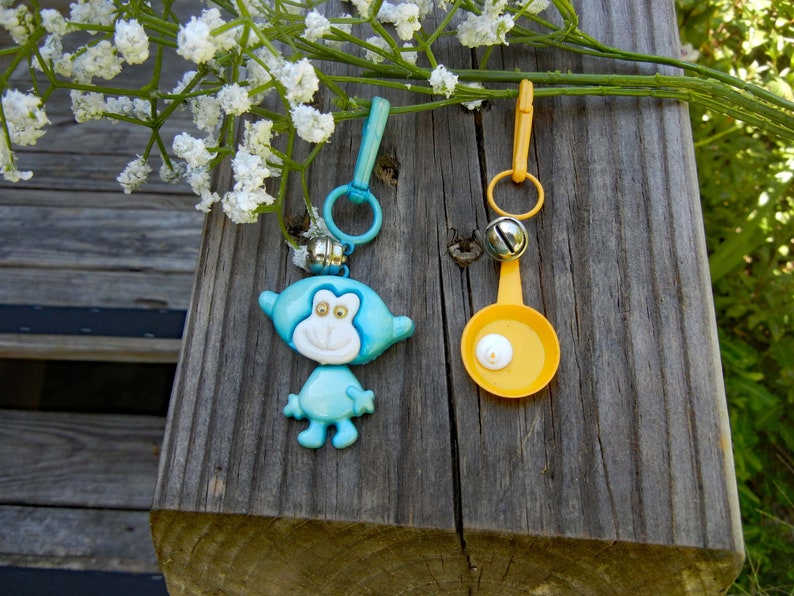 Egg in Frying Pan and Monkey: 2 Vintage Bell Charms 1980s image 0