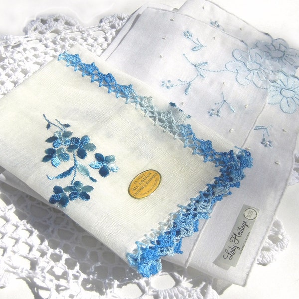 Vintage Handkerchiefs White with Blue: Hankies Have Crocheted Edging and Floral Embroidery  with Applique