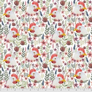 Floral Pets Quilt Fabric by Free Spirit, Quilting Fabric, Chicken Fabric, Floral Chicken Fabric White, Fabric for Quilting