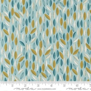 May include: Light blue fabric with a repeating pattern of stylized leaves in teal, gold, and white. The leaves are arranged vertically, creating a textured, organic design. The fabric is suitable for quilting and other craft projects.