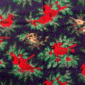 May include: A blue fabric with a repeating pattern of red cardinals, green holly sprigs with red berries, and brown and white birds. The background is a dark blue with a white speckled pattern.