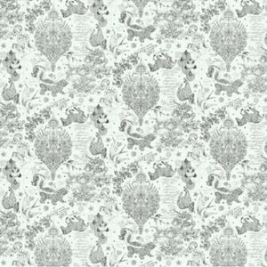 May include: A repeating pattern featuring skunks, floral elements, and ornate designs in shades of gray and white. The design includes script-like text and decorative shapes, creating a vintage or whimsical aesthetic. The overall theme is a decorative fabric or wallpaper.