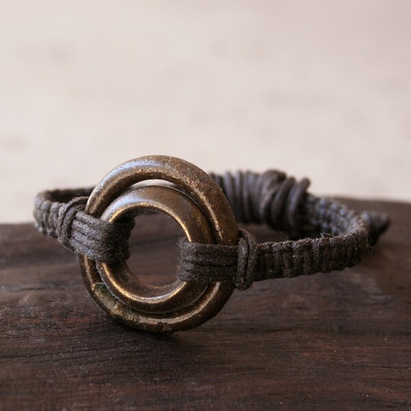 Macrame African Ring Bracelet Antique Bronze Brass Adjustable Woven Linen