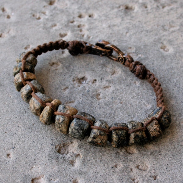 Reserved for Andrew: Ancient Granite Bead Macrame Bracelet Rustic Gray Black and Brown