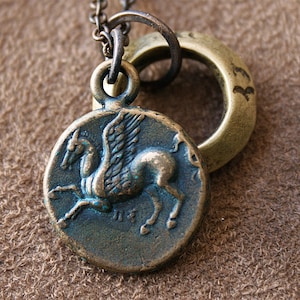 Solid Bronze Pegasus Necklace and Ancient Athena Greek Coin Rustic Boho Double Sided