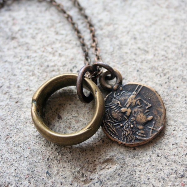 Roman Solid Bronze Coin Necklace and Antique African Brass Ring