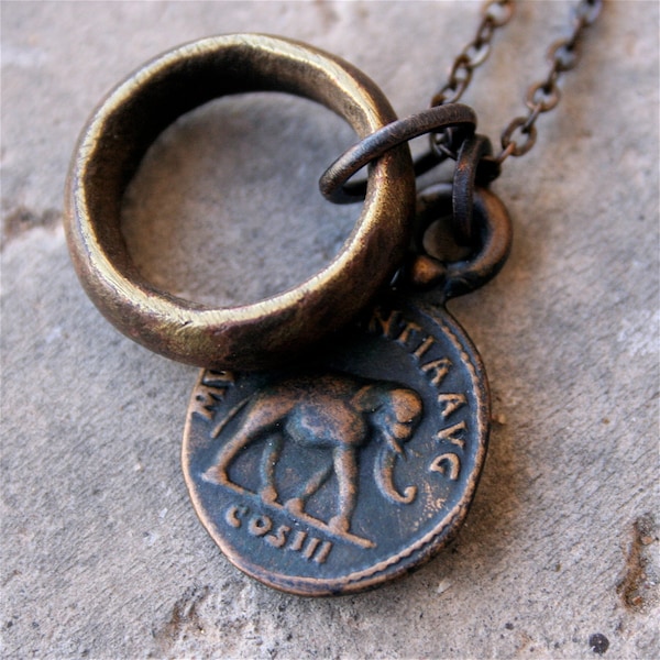 Roman Solid Bronze Elephant Necklace and Antique African Brass Ring