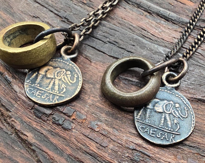 Roman Solid Bronze Elephant Coin Necklace and Antique African Ring