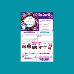 May include: A rectangular treat order form with a purple background featuring illustrations of cakesicles, cookies, and pretzels. The form includes sections for order information, customer details, a treats menu, order summary, and payment methods.