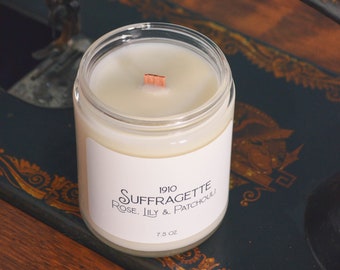 Suffragette Wood Wick Scented Soy Candle 7.2 oz / Rose, Lily & Patchouli (Phthalate Free)
