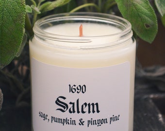 Salem Wood Wick Scented Soy Candle 7.2 oz / Sage, Pumpkin & Pinyon Pine (Phthalate Free)