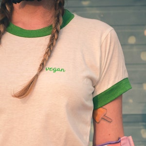 Vegan Hand Printed Retro Ringer Tee