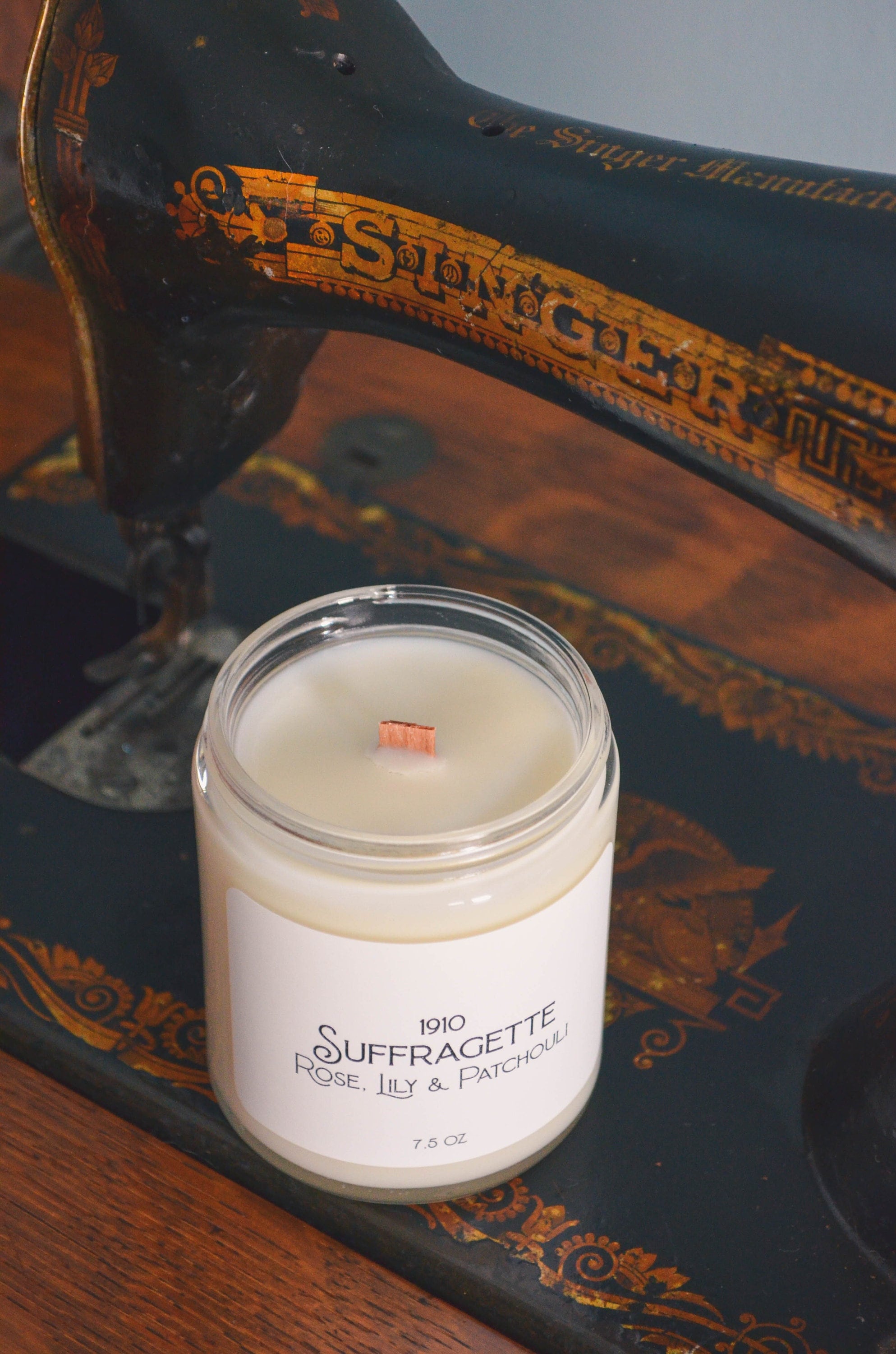 Suffragette Wood Wick Scented Soy Candle 7.2 oz Lily & Patchouli Rose Phthalate Free
