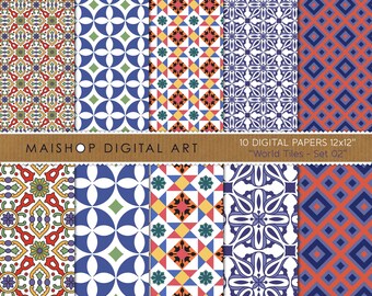 Cyfrowy papier Blue Tile, papier do scrapbookingu do druku, geometryczne płytki azulejo, do użytku komercyjnego • Zestaw World Tiles 02