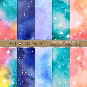 Galaxy digitaal papier • 12x12 aquarel scrapbook papierpakket • Afdrukbare sterren- en sterrenbeeldenpatronen • Aquarel hemelse set 01