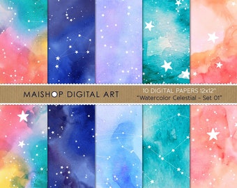 Galaxy Digital Paper • 12x12 Watercolor Scrapbook Paper Pack • Printable Stars & Constellations Patterns • Watercolor Celestial Set 01