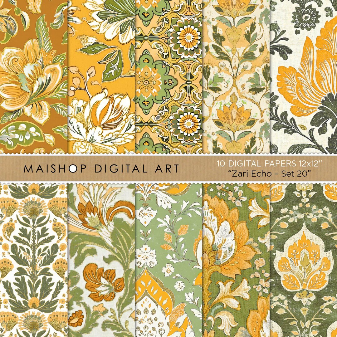 Bohemian Floral Digital Papers • Yellow & Green Seamless Boho Chic ...