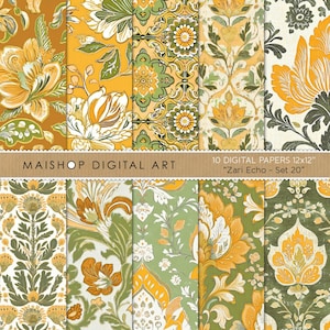 Puede incluir: Una colección de diez papeles digitales de 30,48 cm x 30,48 cm, con patrones florales y botánicos en tonos amarillos, verdes y blancos. Los papeles tienen una estética vintage, con diseños intrincados. El texto "MAISHOP DIGITAL ART" y "Zari Echo - Set 20" está incluido.