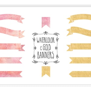 Banner Clip Art Watercolor & Gold Foil PNG Banners Pink and Golden Digital Ribbon Banners for Invitations, Scrapbooking, Crafts...