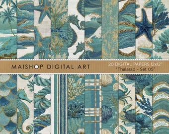 May include: A collection of 20 digital papers, each 12x12 inches, featuring various marine-themed patterns. Designs include seahorses, starfish, coral, and ocean waves in shades of teal, blue, and gold. The text "MAISHOP DIGITAL ART" and "Thalasso - Set 05" are visible.