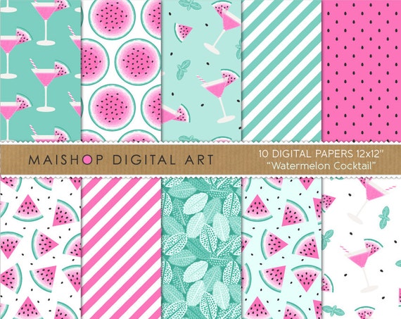 Pink and Mint Digital Paper 'Watermelon Cocktail' Scrapbook Papers for Scrapbooking, Invitations, Stickers, Crafts, Decoupage, Cards... Il_570xn