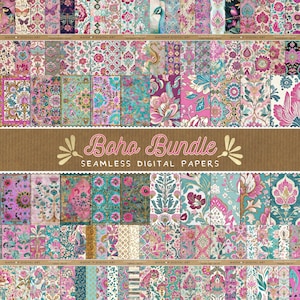 Könnte beinhalten: Eine Sammlung nahtloser digitaler Papiere mit komplexen Blumen-, Paisley- und Pflanzenmustern in leuchtenden Rosa-, Türkis-, Gold- und Cremetönen. Das mittlere Banner zeigt den Text Boho Bundle SEAMLESS DIGITAL PAPERS.