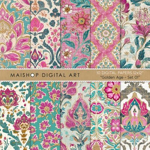 Naadloos boho digitaal papierpakket • Kleurrijke Indiase bloemenblokdrukpatronen • Instant download achtergronden • Gouden Eeuw, set 01