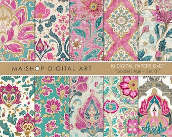 Seamless Boho Digital Paper Pack • Colorful Indian Floral Block Print Patterns • Instant Download Backgrounds • Golden Age set 01