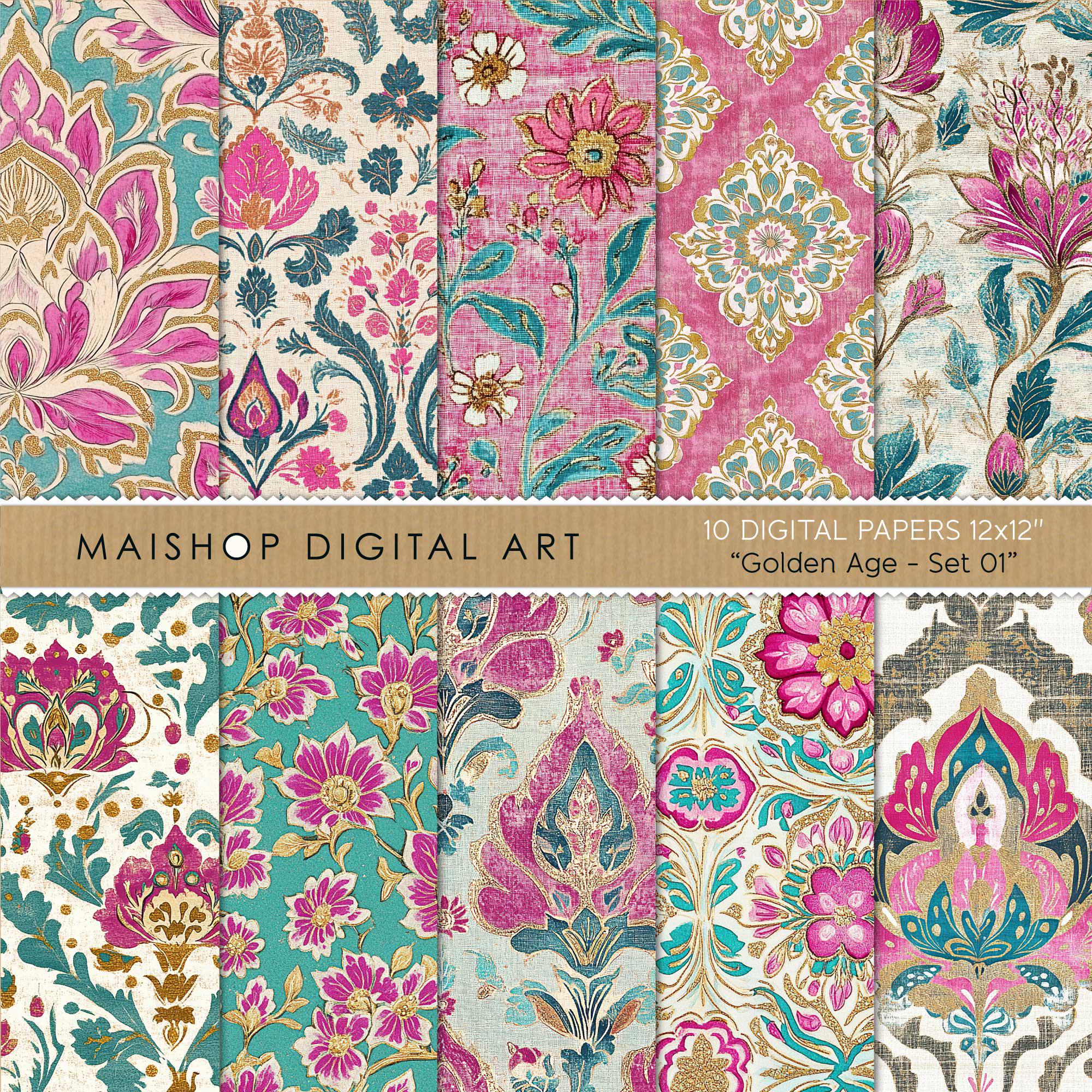 Seamless Boho Digital Paper Pack • Colorful Indian Floral Block Print ...