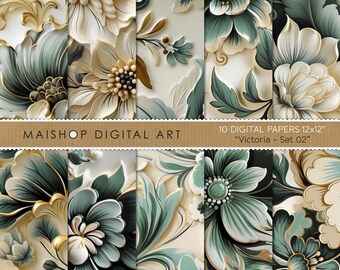 Seamless Flowers Digital Paper I Ivory, Sage Green & Gold Relief Floral Patterns I Instant Download Backgrounds I Victoria Set 02