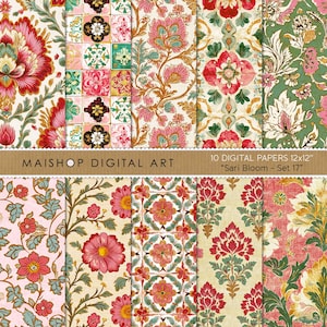 Papeles digitales de estilo indio sin costuras • Patrones texturizados bohemios • Fondos para Canva, invitaciones, impresiones y proyectos de bricolaje • Conjunto Sari Bloom 17