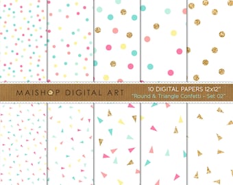 Seamless Confetti Digital Paper Pack I Printable Backgrounds I Digital Scrapbooking Paper I Round & Triangle Confetti - Set 02