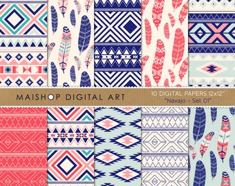 Tribal Digital Paper I Instant Download Backgrounds I Boho Printable Patterns I Commercial Use I Navajo Set 01