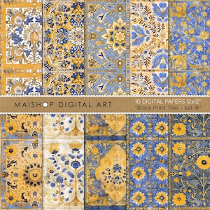 Puede incluir: Diez papeles digitales de 30,48 cm x 30,48 cm, con diseños de baldosas de impresión en bloque. Los patrones muestran motivos florales y geométricos en tonos azules, amarillos y dorados. El texto "MAISHOP DIGITAL ART" y "Block Print Tiles - Set 16" son visibles.