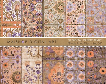 Boho Digital Papers • Seamless Pattern Designs • Printable Floral Background Paper Instant Download • Block Print Tiles Set 06