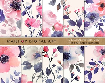 Pink & Purple Blossom Floral Digital Paper • 12x12 Scrapbook Paper Pack • Watercolor Flowers Patterns • Commercial Use