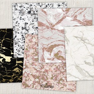 May include: Four different marble patterns with gold accents. The patterns include black and gold, white and gold, pink and gold, and white with gray veins.