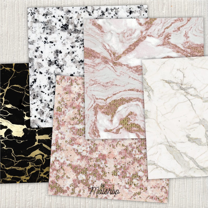 May include: Four different marble patterns with gold accents. The patterns include black and gold, white and gold, pink and gold, and white with gray veins.