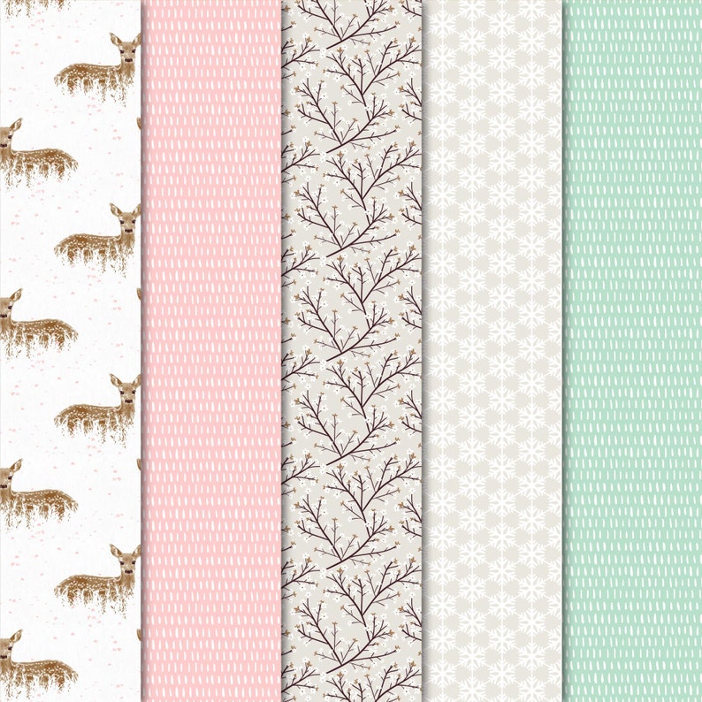 Mint & Pink Digital Paper Winter II Deers, Blossoms, Snowflakes Patterns for Scrapbook, Decoupage, Cards, Crafts, Invites... image 2